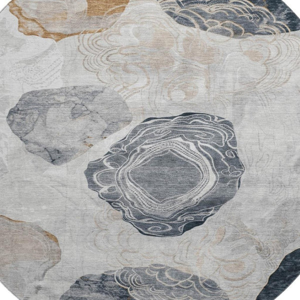 HomeRoots 8' Gray Charcoal and Beige Geometric Round Rug - Washable, UV Protected, Non-Slip for High-Traffic Areas 697191
