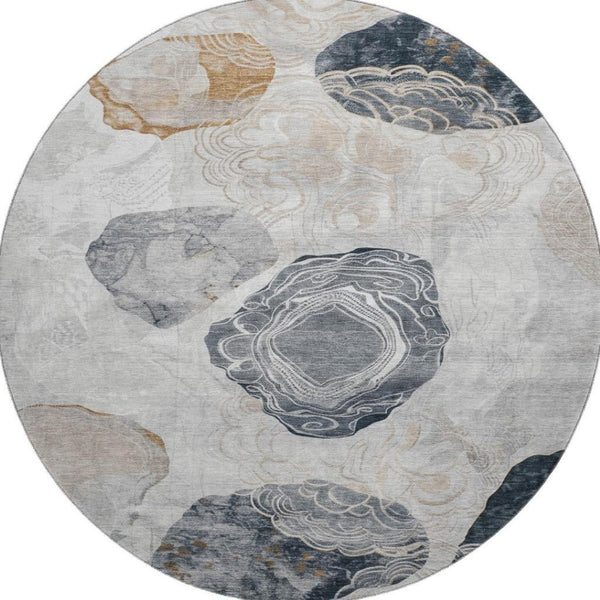 HomeRoots 8' Gray Charcoal and Beige Geometric Round Rug - Washable, UV Protected, Non-Slip for High-Traffic Areas 697191