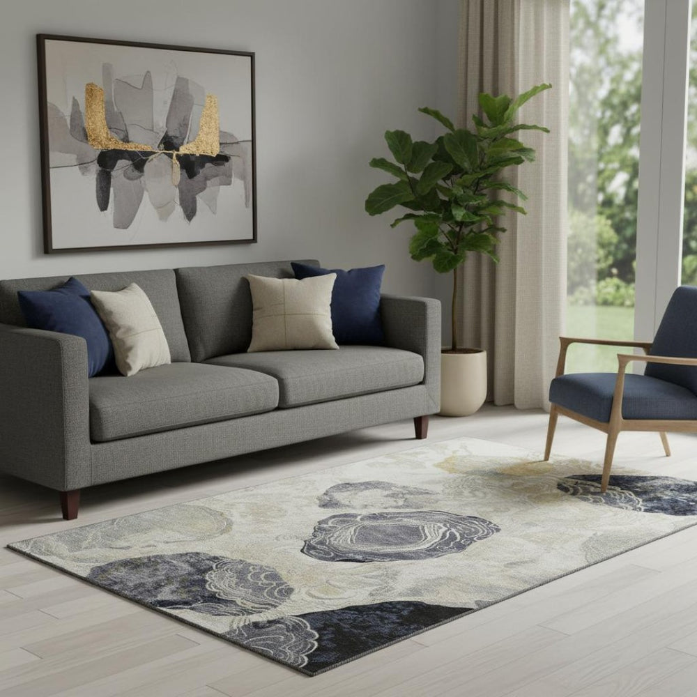 HomeRoots 5' X 8' Washable Geometric Area Rug in Ivory, Tan & Charcoal - Durable, UV-Protected & Stylish! 697196