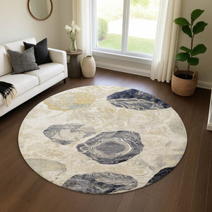 HomeRoots 8' Geometric Washable Round Rug in Ivory, Tan & Charcoal - UV Protection, Stain Resistant, Non-Slip! 697197