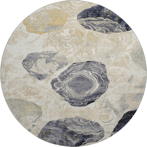 HomeRoots 8' Geometric Washable Round Rug in Ivory, Tan & Charcoal - UV Protection, Stain Resistant, Non-Slip! 697197