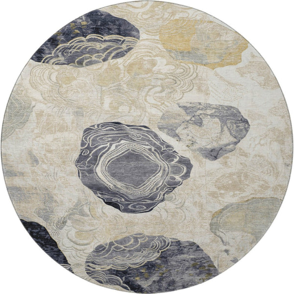 HomeRoots 8' Geometric Washable Round Rug in Ivory, Tan & Charcoal - UV Protection, Stain Resistant, Non-Slip! 697197