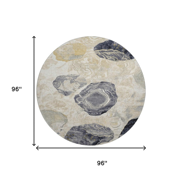 HomeRoots 8' Geometric Washable Round Rug in Ivory, Tan & Charcoal - UV Protection, Stain Resistant, Non-Slip! 697197