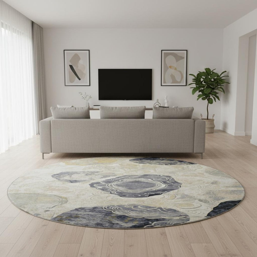 HomeRoots 8' Geometric Washable Round Rug in Ivory, Tan & Charcoal - UV Protection, Stain Resistant, Non-Slip! 697197