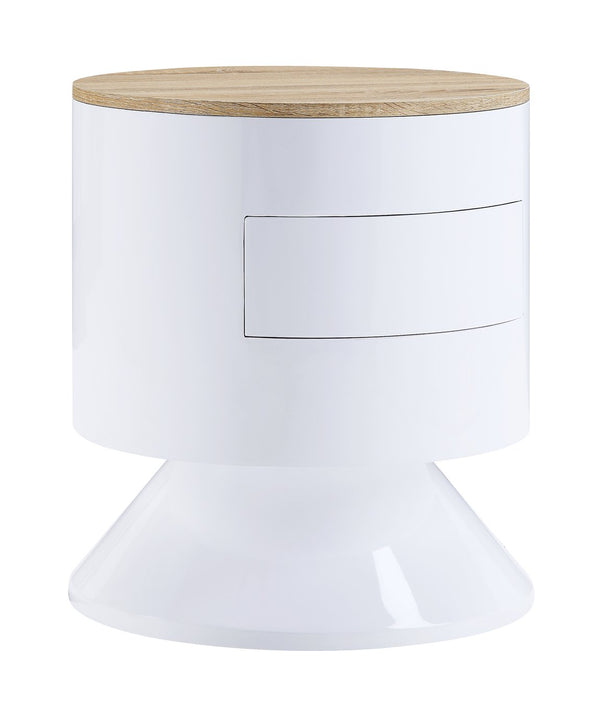 English Elm Otith Glossy White Accent Table with Drawer and Display Shelf — Modern Round Utility Piece B2726P243239