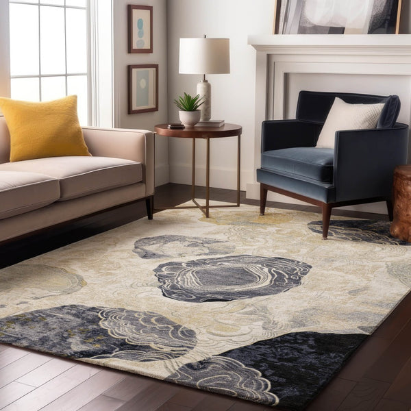HomeRoots 10' X 14' Ivory Tan Charcoal Geometric Area Rug - Washable, Stain-Resistant, UV Protected & Durable! 697200