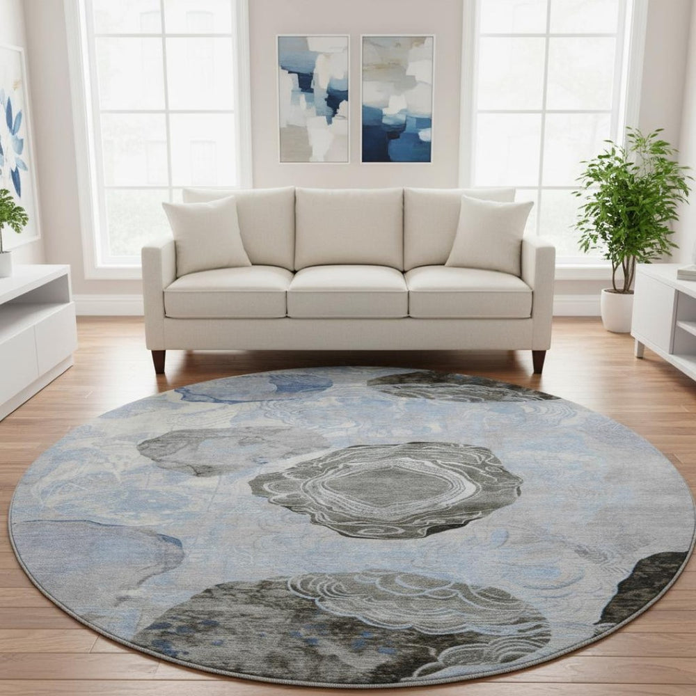 HomeRoots 8' Sky Blue Charcoal Ivory Geometric Round Rug - Washable, UV Protected, Non-Slip for Modern Spaces 697203