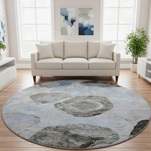HomeRoots 8' Sky Blue Charcoal Ivory Geometric Round Rug - Washable, UV Protected, Non-Slip for Modern Spaces 697203