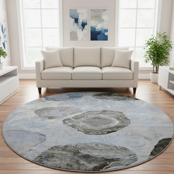 HomeRoots 8' Sky Blue Charcoal Ivory Geometric Round Rug - Washable, UV Protected, Non-Slip for Modern Spaces 697203
