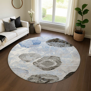HomeRoots 8' Sky Blue Charcoal Ivory Geometric Round Rug - Washable, UV Protected, Non-Slip for Modern Spaces 697203