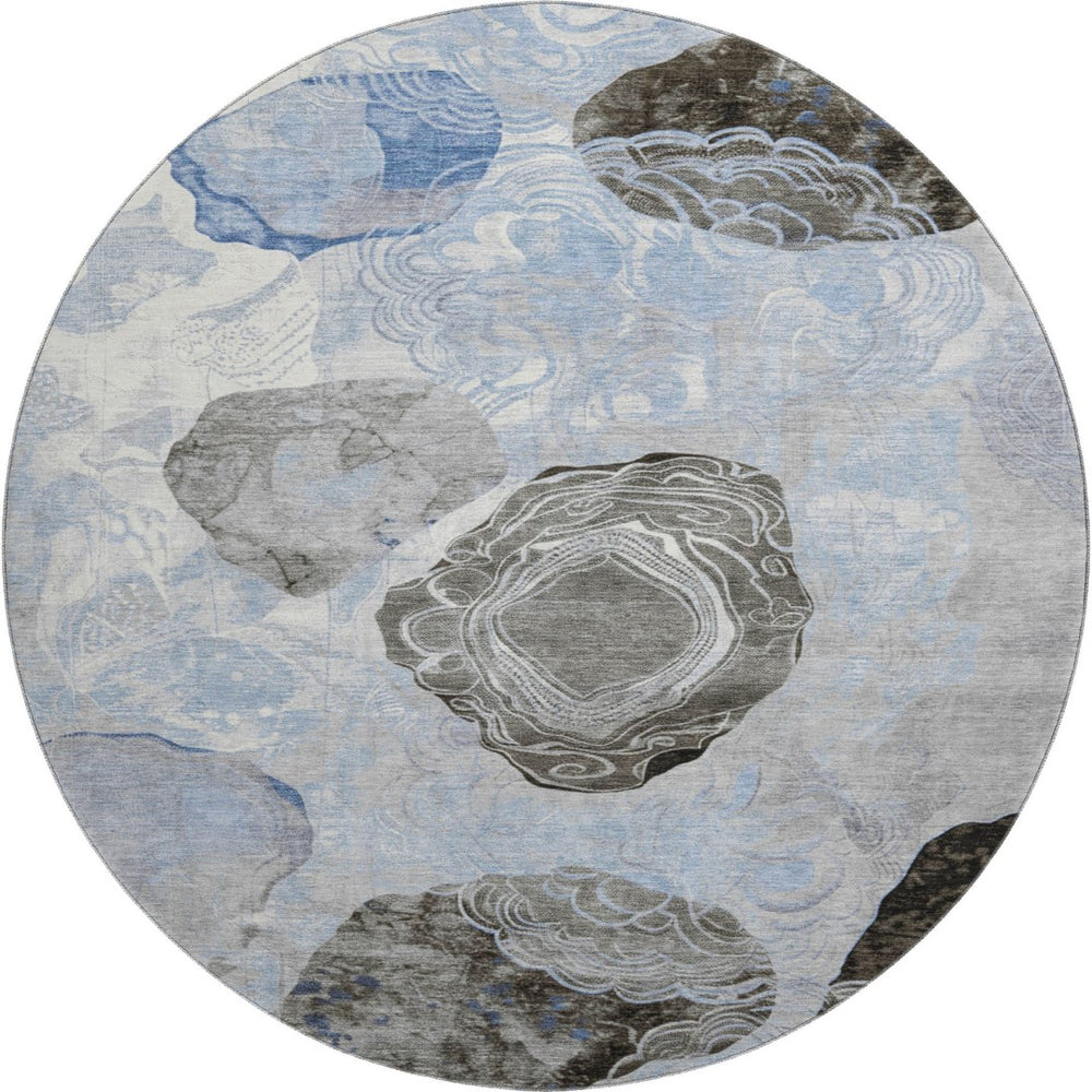 HomeRoots 8' Sky Blue Charcoal Ivory Geometric Round Rug - Washable, UV Protected, Non-Slip for Modern Spaces 697203