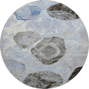 HomeRoots 8' Sky Blue Charcoal Ivory Geometric Round Rug - Washable, UV Protected, Non-Slip for Modern Spaces 697203