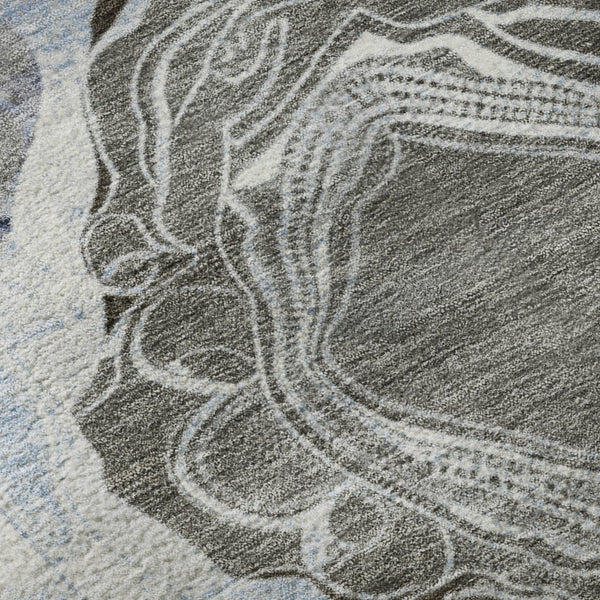 HomeRoots 8' Sky Blue Charcoal Ivory Geometric Round Rug - Washable, UV Protected, Non-Slip for Modern Spaces 697203