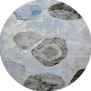 HomeRoots 8' Sky Blue Charcoal Ivory Geometric Round Rug - Washable, UV Protected, Non-Slip for Modern Spaces 697203