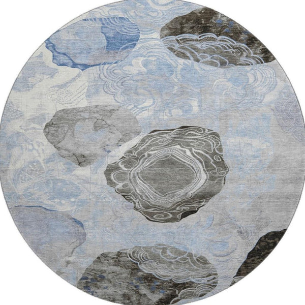 HomeRoots 8' Sky Blue Charcoal Ivory Geometric Round Rug - Washable, UV Protected, Non-Slip for Modern Spaces 697203