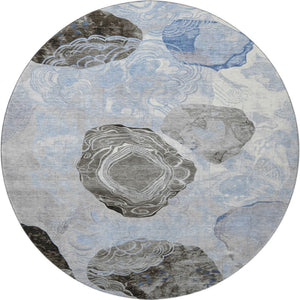 HomeRoots 8' Sky Blue Charcoal Ivory Geometric Round Rug - Washable, UV Protected, Non-Slip for Modern Spaces 697203