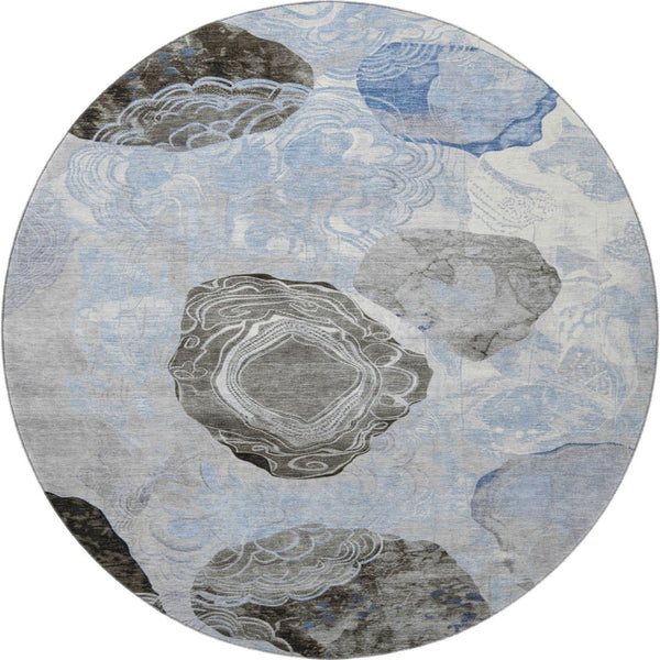 HomeRoots 8' Sky Blue Charcoal Ivory Geometric Round Rug - Washable, UV Protected, Non-Slip for Modern Spaces 697203