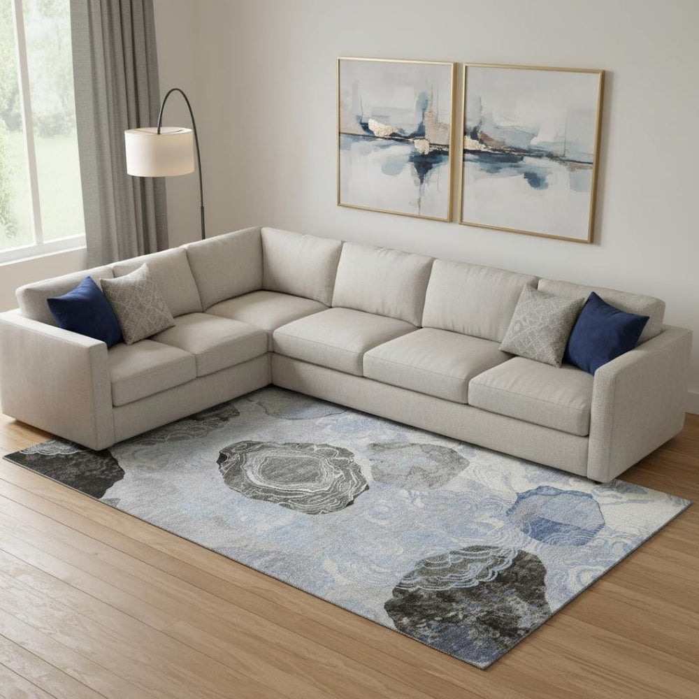 HomeRoots 9' X 12' Sky Blue Charcoal Ivory Geometric Area Rug - Washable, UV-Protected, Pet-Friendly Design 697205