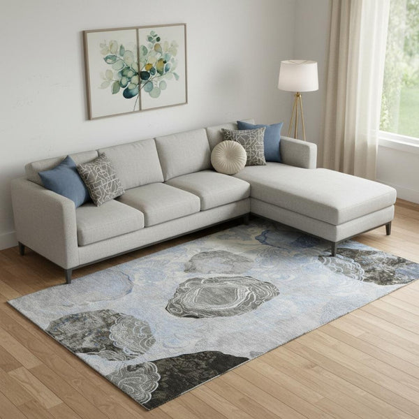 HomeRoots 10' Sky Blue Charcoal & Ivory Geometric Washable Area Rug with UV Protection for Any Room Style 697206