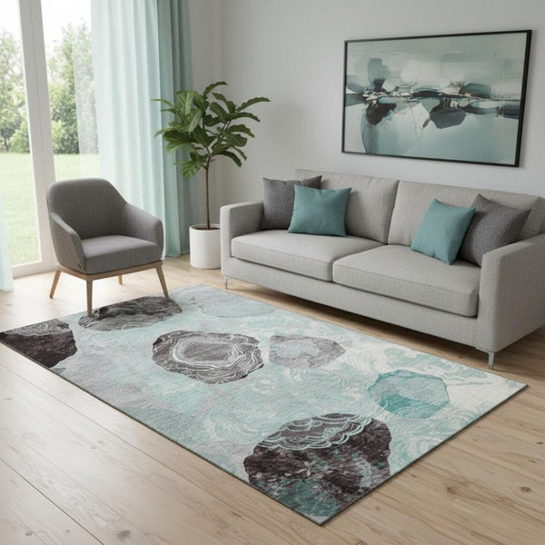 HomeRoots 5' X 8' Teal Charcoal & Ivory Geometric Area Rug - Durable, Washable, UV-Protected, Kid-Friendly Design 697208