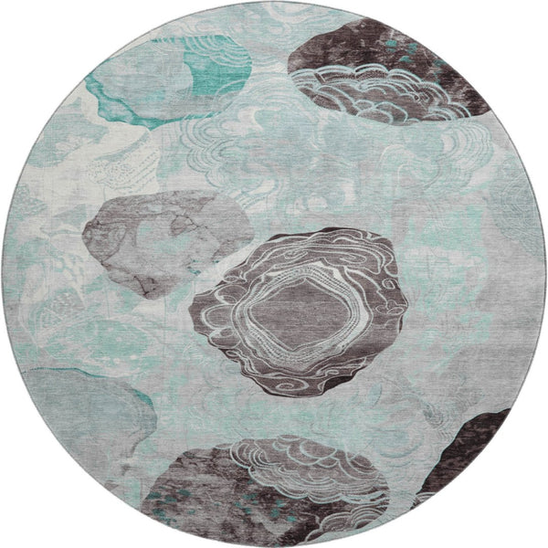 HomeRoots 8' Teal Charcoal and Ivory Geometric Round Rug - Washable, UV-Protected, Stylish for Any Space 697209