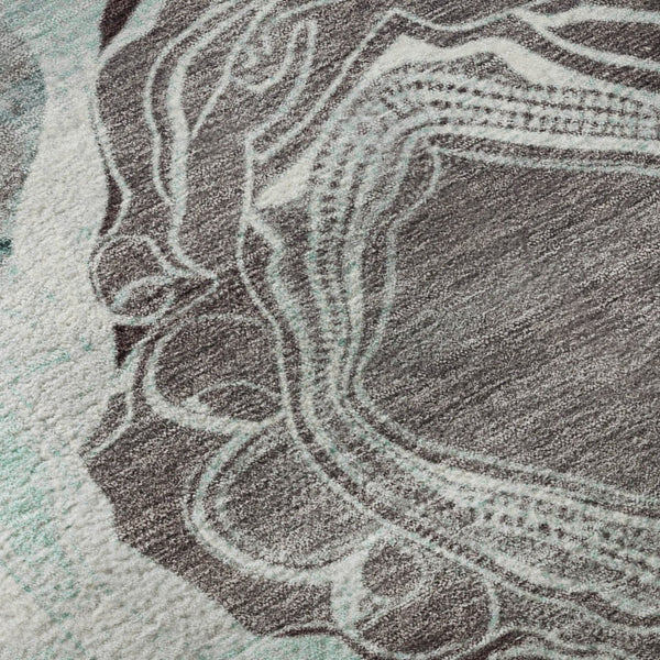 HomeRoots 8' Teal Charcoal and Ivory Geometric Round Rug - Washable, UV-Protected, Stylish for Any Space 697209