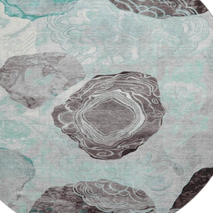 HomeRoots 8' Teal Charcoal and Ivory Geometric Round Rug - Washable, UV-Protected, Stylish for Any Space 697209