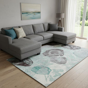HomeRoots 8' X 10' Teal Charcoal Ivory Geometric Area Rug - Washable, UV Protected, Durable for Kids & Pets 697210