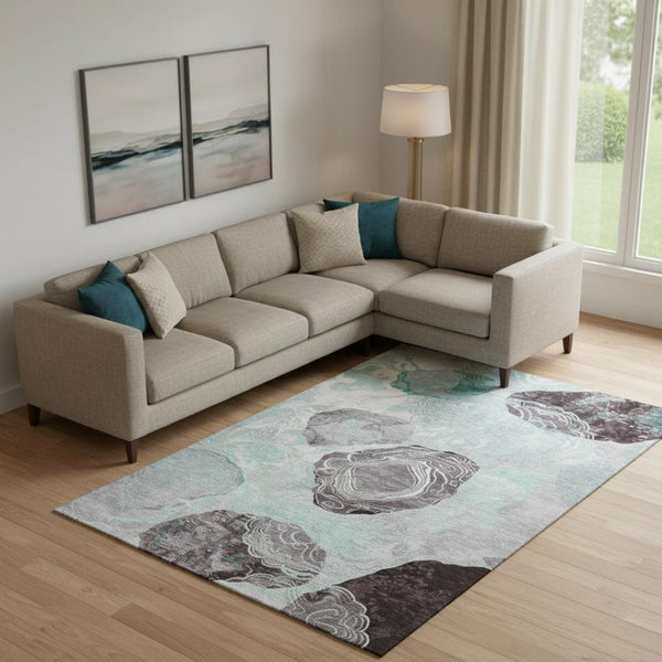 HomeRoots 9' X 12' Teal Charcoal Ivory Geometric Area Rug - Washable, UV-Protected, Durable for High-Traffic Spaces 697211