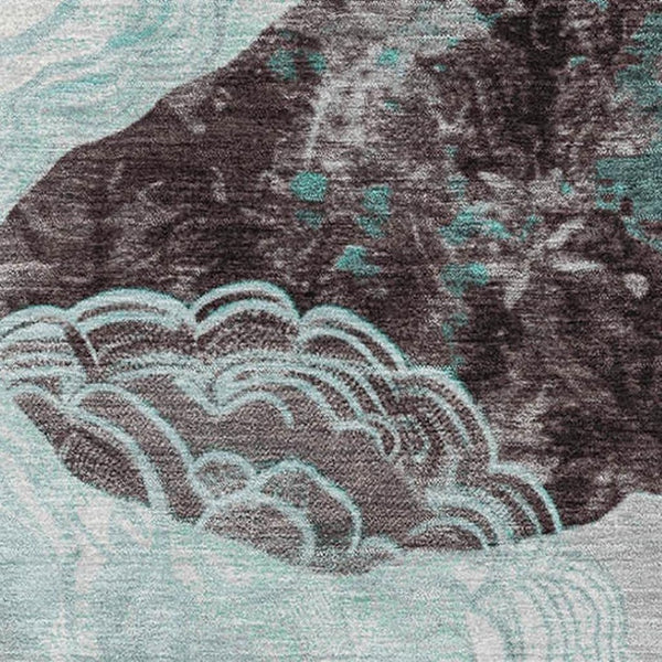 HomeRoots 9' X 12' Teal Charcoal Ivory Geometric Area Rug - Washable, UV-Protected, Durable for High-Traffic Spaces 697211