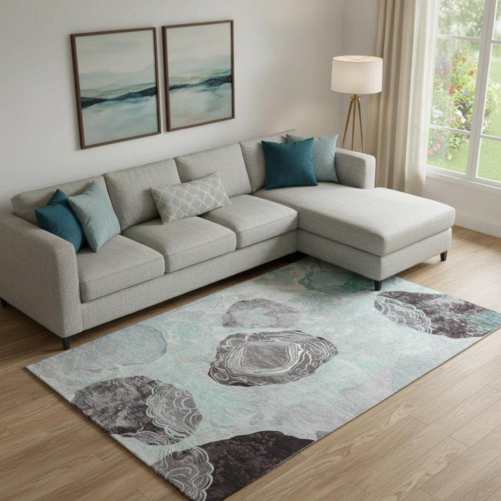 HomeRoots 10' X 14' Teal Charcoal Ivory Geometric Area Rug - Washable, Stain-Resistant, UV Protected Design 697212