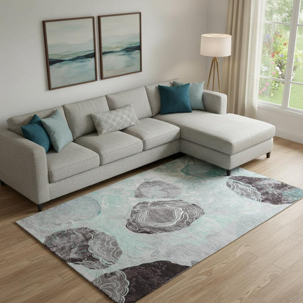 HomeRoots 10' X 14' Teal Charcoal Ivory Geometric Area Rug - Washable, Stain-Resistant, UV Protected Design 697212