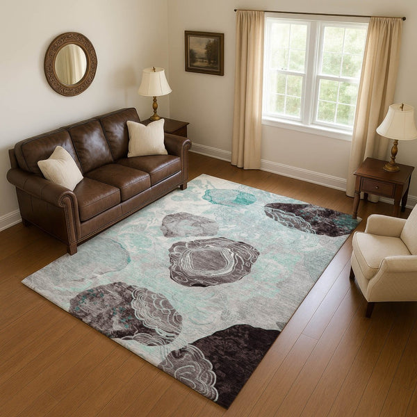 HomeRoots 10' X 14' Teal Charcoal Ivory Geometric Area Rug - Washable, Stain-Resistant, UV Protected Design 697212