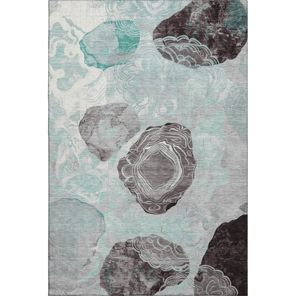 HomeRoots 10' X 14' Teal Charcoal Ivory Geometric Area Rug - Washable, Stain-Resistant, UV Protected Design 697212