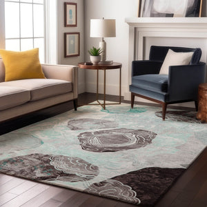 HomeRoots 10' X 14' Teal Charcoal Ivory Geometric Area Rug - Washable, Stain-Resistant, UV Protected Design 697212