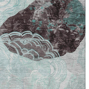 HomeRoots 10' X 14' Teal Charcoal Ivory Geometric Area Rug - Washable, Stain-Resistant, UV Protected Design 697212