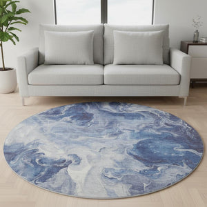 HomeRoots 8' Blue and Ivory Abstract Washable Round Rug - Durable, UV-Protected, Easy-Clean Perfect for Any Space 697215