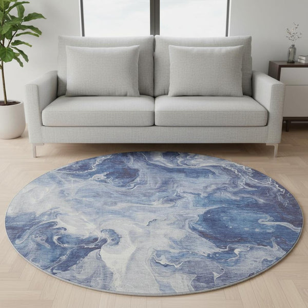 HomeRoots 8' Blue and Ivory Abstract Washable Round Rug - Durable, UV-Protected, Easy-Clean Perfect for Any Space 697215