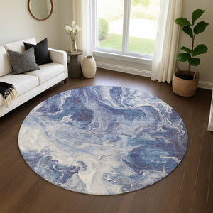 HomeRoots 8' Blue and Ivory Abstract Washable Round Rug - Durable, UV-Protected, Easy-Clean Perfect for Any Space 697215