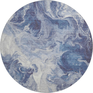 HomeRoots 8' Blue and Ivory Abstract Washable Round Rug - Durable, UV-Protected, Easy-Clean Perfect for Any Space 697215