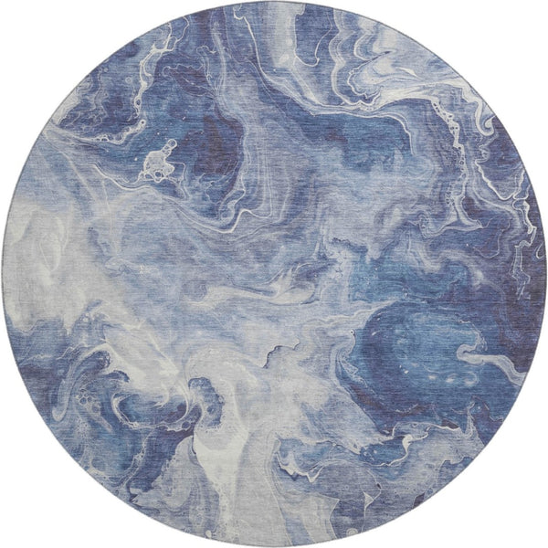 HomeRoots 8' Blue and Ivory Abstract Washable Round Rug - Durable, UV-Protected, Easy-Clean Perfect for Any Space 697215