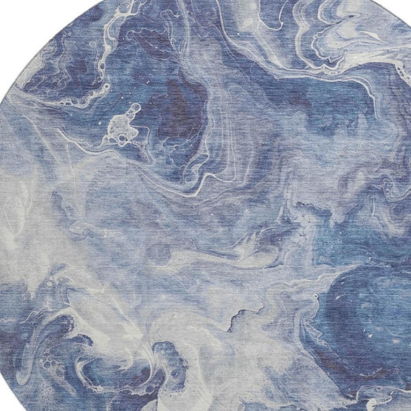 HomeRoots 8' Blue and Ivory Abstract Washable Round Rug - Durable, UV-Protected, Easy-Clean Perfect for Any Space 697215