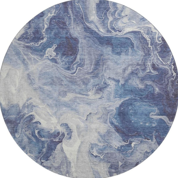 HomeRoots 8' Blue and Ivory Abstract Washable Round Rug - Durable, UV-Protected, Easy-Clean Perfect for Any Space 697215