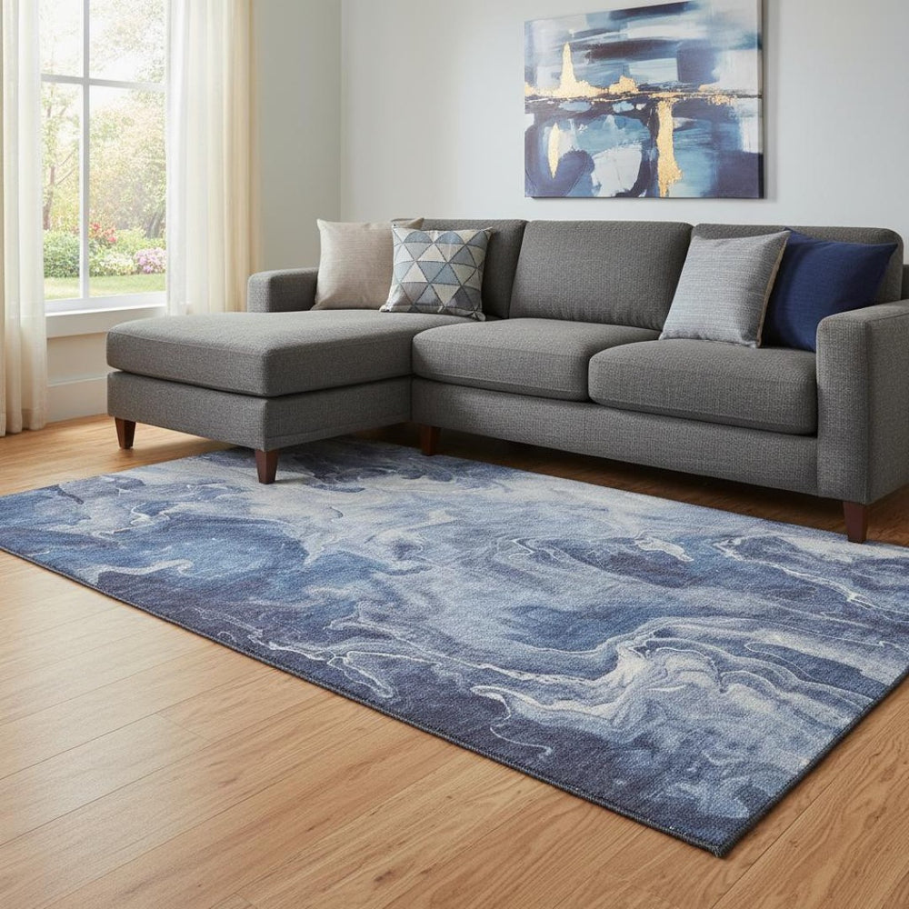 HomeRoots 8' X 10' Abstract Washable Area Rug in Blue & Ivory - Stylish UV-Protected Design for High-Traffic Spaces 697216