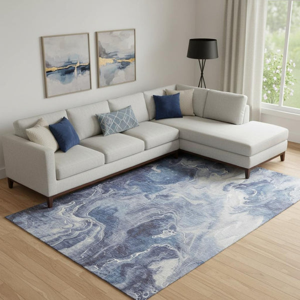 HomeRoots 9' X 12' Blue & Ivory Abstract Area Rug - Durable, Washable, UV-Protected for High-Traffic Spaces 697217