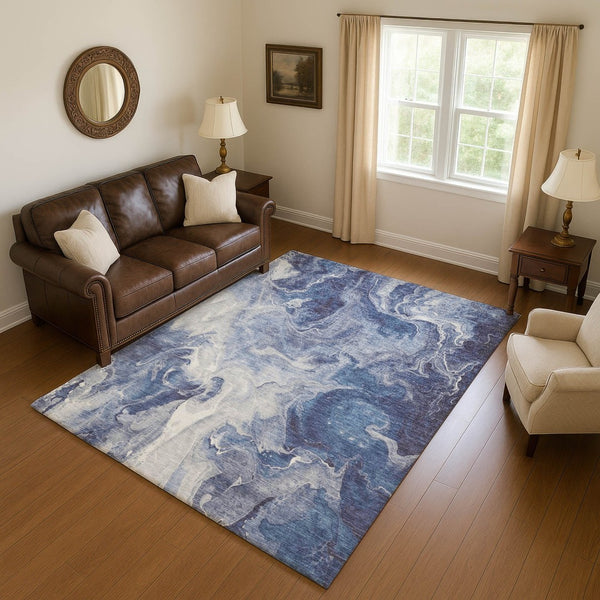 HomeRoots 9' X 12' Blue & Ivory Abstract Area Rug - Durable, Washable, UV-Protected for High-Traffic Spaces 697217