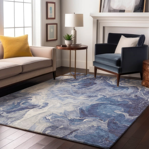 HomeRoots 9' X 12' Blue & Ivory Abstract Area Rug - Durable, Washable, UV-Protected for High-Traffic Spaces 697217