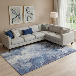 HomeRoots 10' X 14' Blue And Ivory Abstract Area Rug - Washable, UV-Protected, Perfect for High-Traffic Spaces 697218