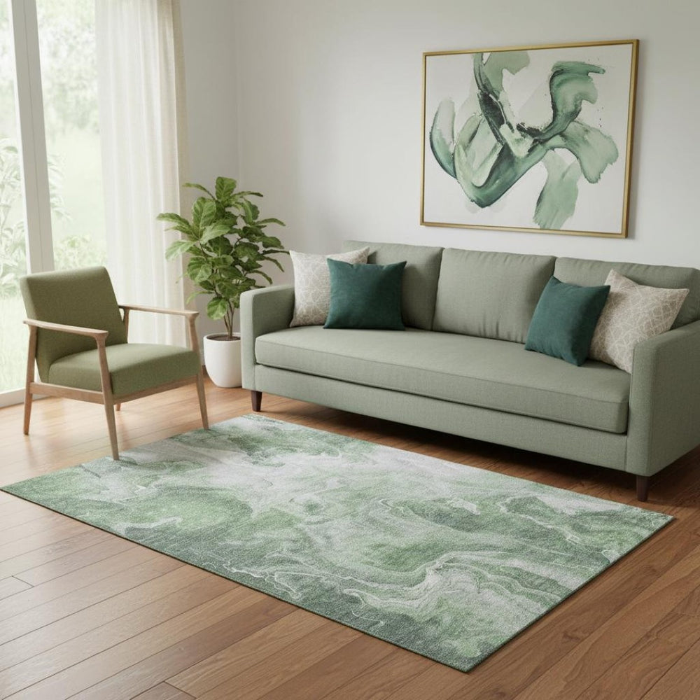 HomeRoots 5' X 8' Abstract Washable Area Rug in Green, Gray & Ivory – Durable, Stain-Resistant, UV Protected! 697220
