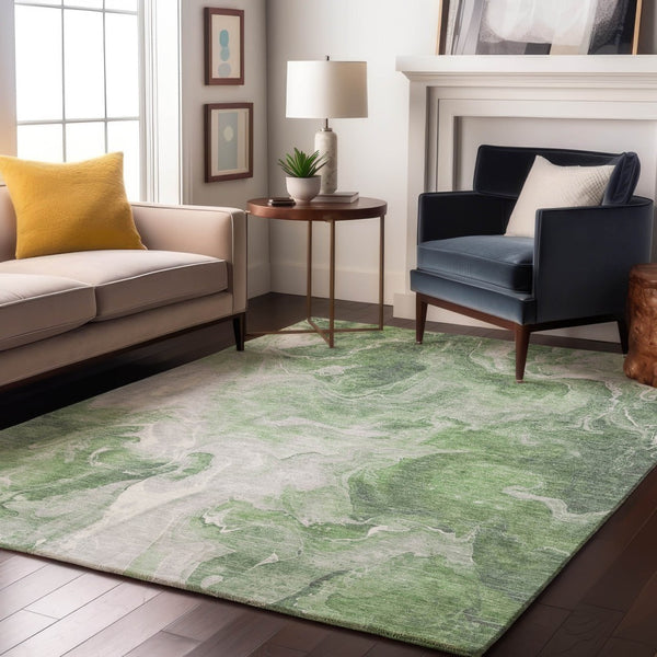 HomeRoots 5' X 8' Abstract Washable Area Rug in Green, Gray & Ivory – Durable, Stain-Resistant, UV Protected! 697220